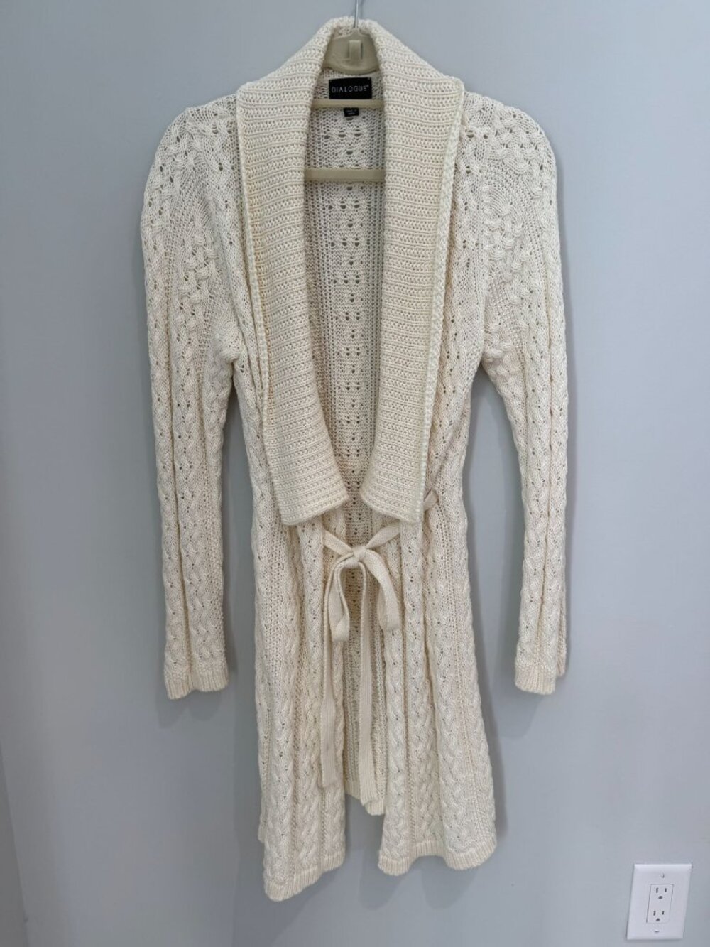 Dialogue Women's Cream Cable Knit Cardigan Size S Open Front Belted Pointelle 35
